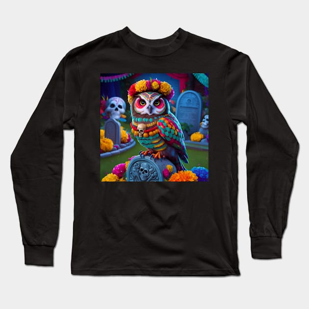 Day Of The Dead Owl Long Sleeve T-Shirt by Florian Sallo